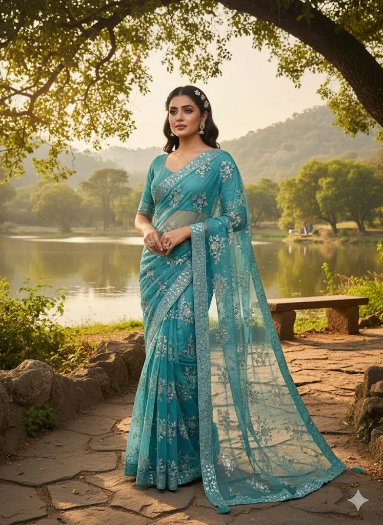 Pakistani Net Saree – Heavy Embroidered Soft Net Sequence Work Saree